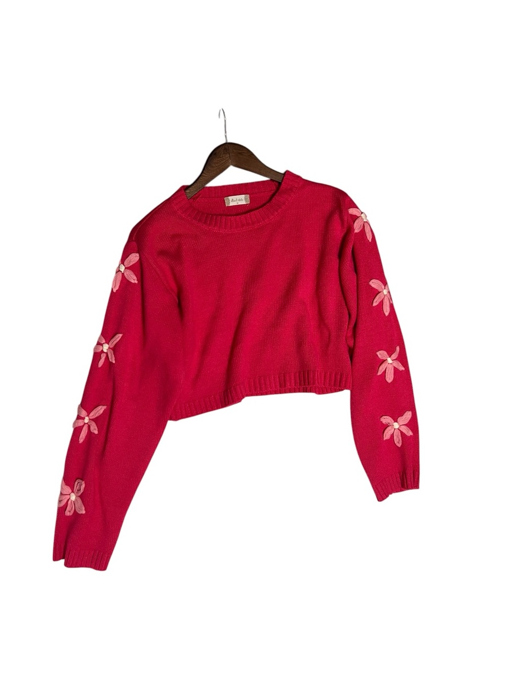 Altar'd State Pink Flower Applique Sleeve Cropped Pullover Sweater Size M